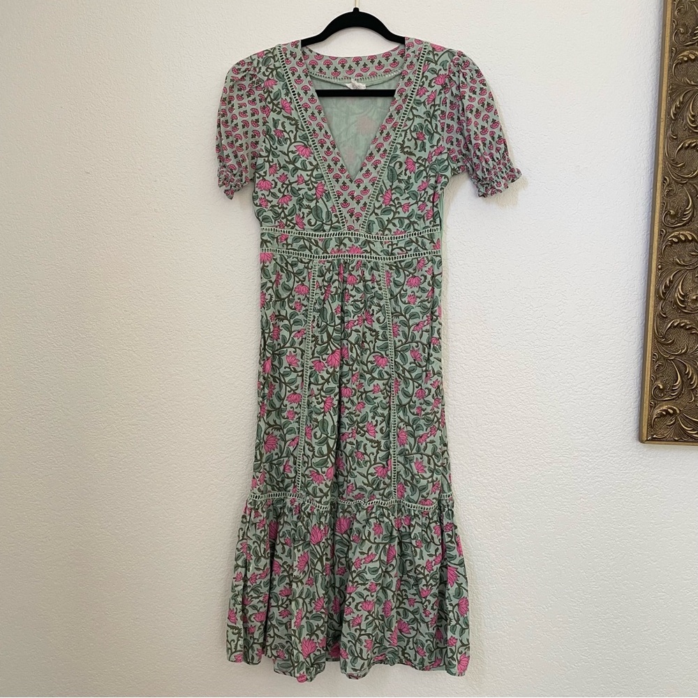 DRA Los Angeles /Pink & Green Floral Puff Sleeve Dress : S